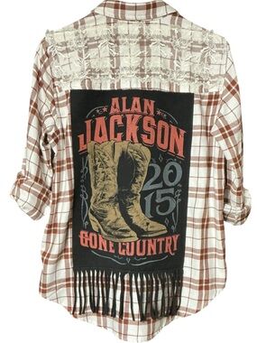 ALAN JACKSON Country Music Upcycled Flannel Shirt Western Graphic Lace Cowboy